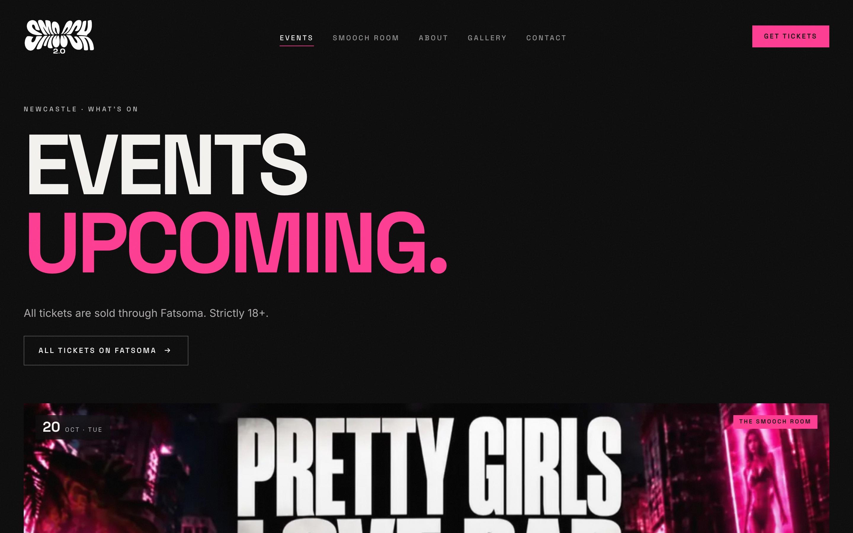 Events page headed “Events upcoming.”, noting all tickets are sold through Fatsoma