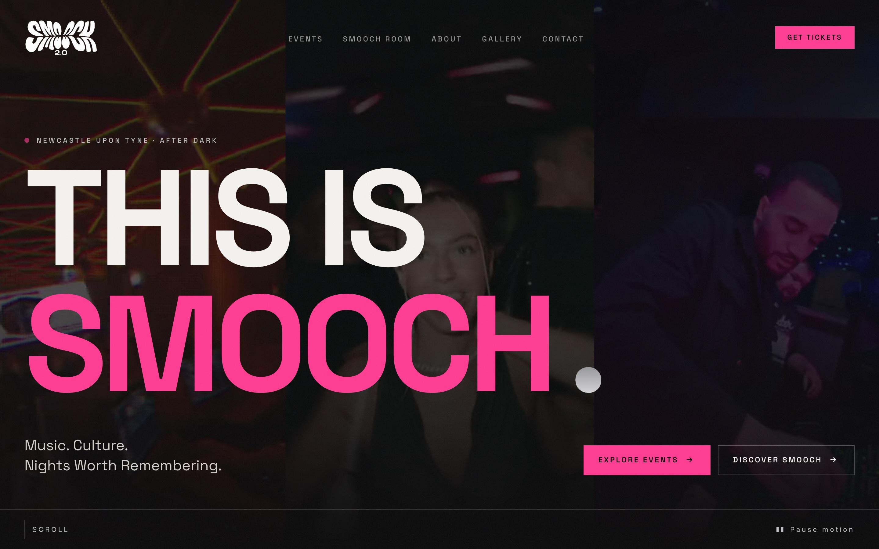 smoochpromotions.com home page: “This is Smooch.” over crowd footage, with Explore Events and Discover Smooch buttons